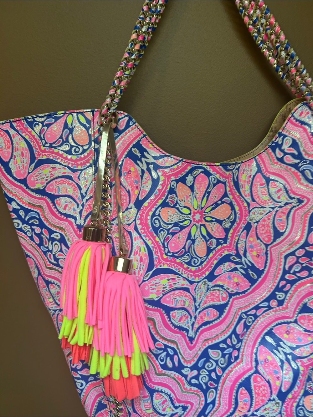 Lilly Pulitzer Navy Tote with Pink & Yellow Paisley Tassels